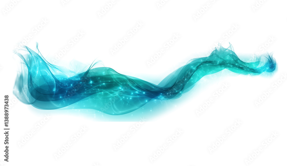 Poster an abstract turquoise wave with glowing particles flowing across a creating a design on transparent 