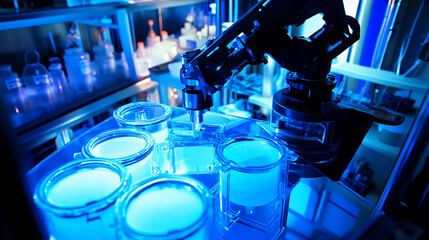 A robotic arm in an advanced biomanufacturing facility, surrounded by cell cultures, bioreactors