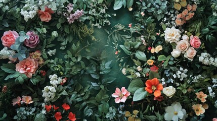 An artistic arrangement of various colorful flowers and leafy foliage