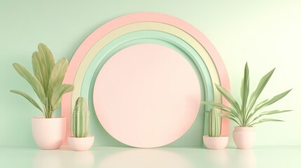 Pastel plants, empty circle, minimalist display, for product presentation