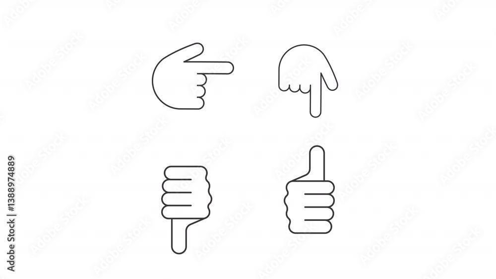 Poster animated pointing fingers line icons. direction guiding animation set. navigation help, assistance. 