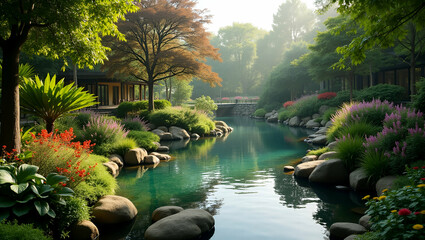 Fototapeta premium Delve into the serene atmosphere of botanical gardens that showcase diverse plant species curated landscapes and refined horticultural artistry in Photo Stock Concept and empty space on the left si