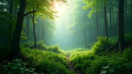 Obraz premium High-Resolution Lush Green Forests: Dynamic Natural Lighting & Refined Foliage Details for Landscape Enthusiasts | Serenity & Environmental Harmony in Photo Stock