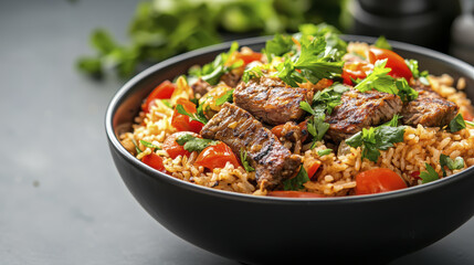 Fototapeta premium Delicious kabsa with tender meat, rice, and fresh herbs, garnished with tomatoes. flavorful dish perfect for sharing