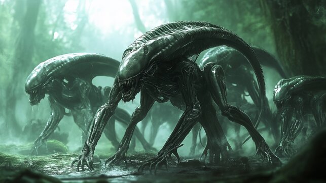 A group of alien creatures in a dark and misty forest environment with eerie green lighting effects