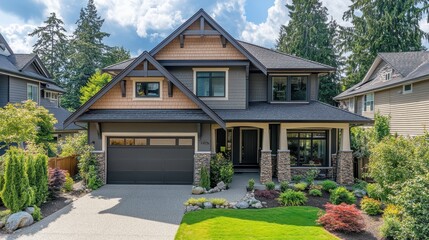Modern two-story house with front yard landscaping in suburban neighborhood