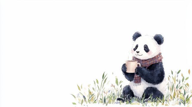 cute panda sitting in grass, wearing scarf, holding mug