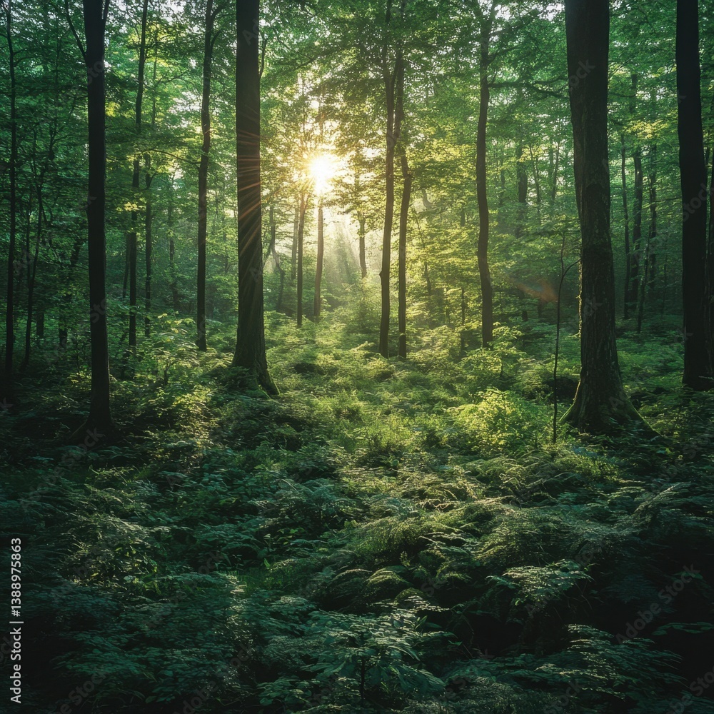 Poster enchanting sunlight illuminating a lush green forest canopy with dense undergrowth and tall trees cr