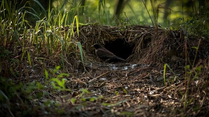Obraz premium Bird nesting in a hidden burrow forest habitat wildlife photography natural environment serene viewpoint