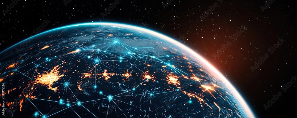 Poster earth with glowing network and cyberspace wireless connection concept. futuristic view of the earth 
