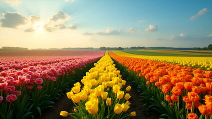 Fototapeta premium Observe the transformation of agricultural landscapes where farmers fields burst into color with seasonal blooms and sustainable rural vibrancy in Photo Stock Concept and empty space on the left si