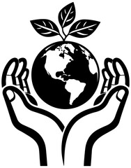 Eco Vector, Black and White Go Green Planet with Leaves Vector Illustration