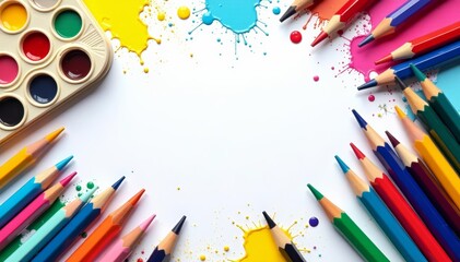 Colorful seamless art supply doodle background with paintbrushes, pencils, and paper, doodle, paper