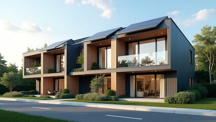 Contemporary Net Positive Energy Homes: Advanced Renewable Systems & Smart Designs for Superior Energy Efficiency & Sustainable Living - Photo Stock Concept