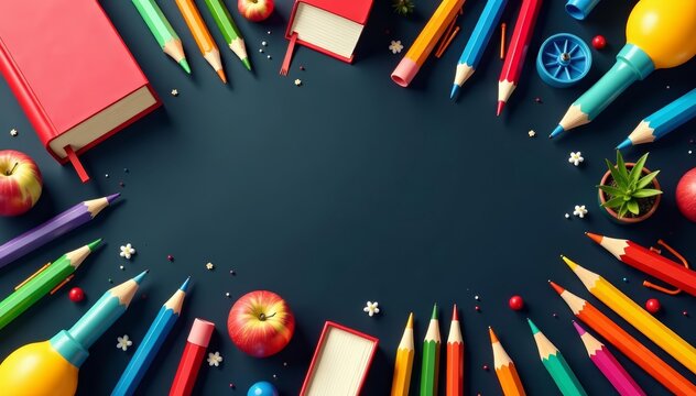 Colorful school supplies seamless pattern with pencils and books on a black background, black, colorful