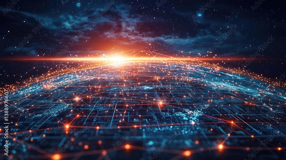 Aufkleber earth with glowing network and cyberspace wireless connection concept. futuristic technology concept