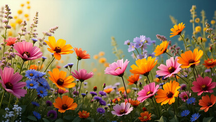 Obraz premium Dynamic Colorful Wildflowers in Refined Natural Settings: Vibrant Botanical Artistry & Seasonal Compositions Evoking Rustic Charm and Natural Beauty in Photo Stock