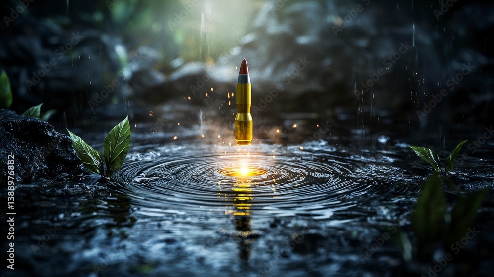 Poster explosive bullet emerges from water surface nature scene digital art surreal environment close-up vi