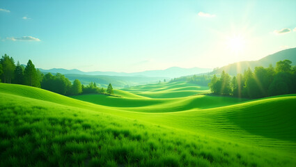 Obraz premium Expansive Fresh Green Landscapes: Lush Rolling Fields & Vibrant Foliage in Meticulously Maintained Natural Scenery - Modern Environmental Beauty in Photo Stock