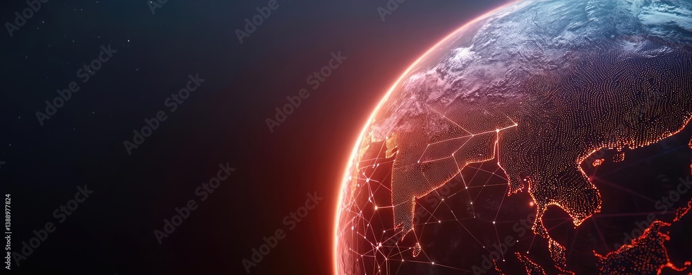Aufkleber earth with glowing network and cyberspace wireless connection concept. a close-up of earth showcasin