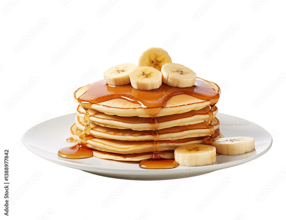 Poster a stack of pancakes topped with banana slices and syrup on a white plate against a on transparent ba