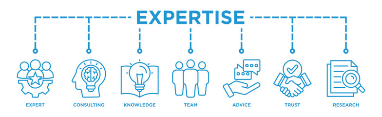 Expertise banner web icon illustration concept representing high-level knowledge and experience with an icon of expert, consulting, knowledge, team, advice, trust, and research