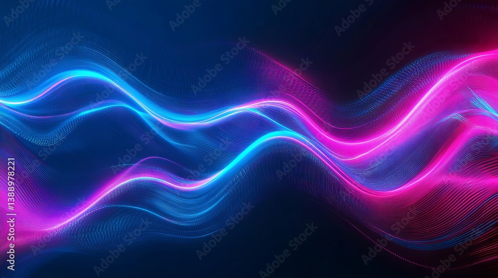 Poster dynamic neon pink and blue gradient waves creating a sleek technology backdrop with flowing abstract