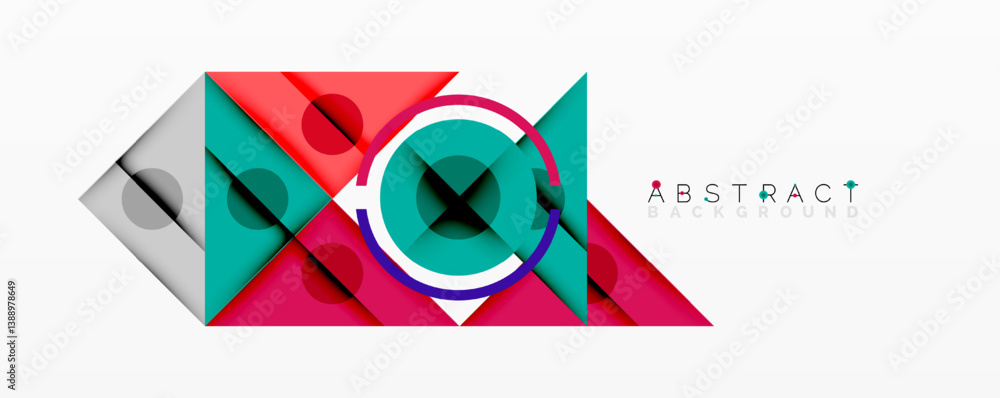 Poster bright geometric shapes overlap. teal, red, silver create dynamic composition. modern design, vibran