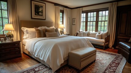 Cozy elegant bedroom with large windows and luxurious bedding