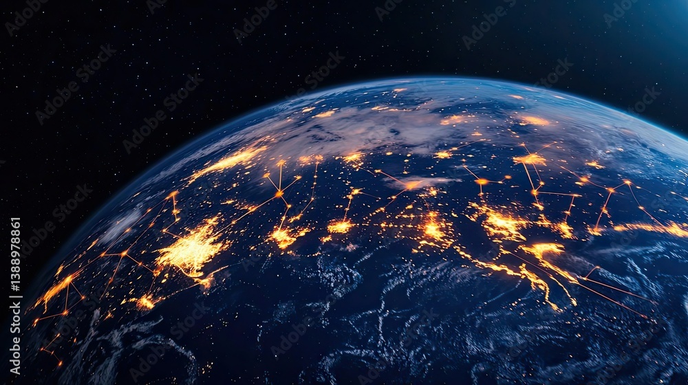 Poster earth with glowing network showing global data connection concept. earth illuminated by lights, show