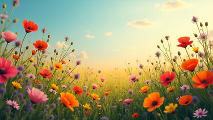 Fototapeta premium Capture colorful wildflowers in expansive meadows, showcasing vibrant hues and rustic charm in stunning photo stock compositions.