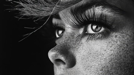 Naklejka premium Monochrome close-up of female eye with freckles and long eyelashes