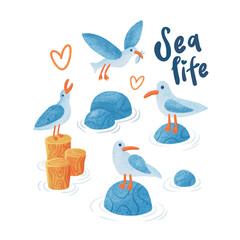 Cute Seagulls Clipart, Sea Life Birds with Rocks and Waves