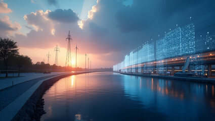 Naklejka premium Develop an elegant stock photograph illustrating futuristic energy solutions with innovative infrastructure resilient technologies and sustainable planning for addressing tomorrow power needs effectiv