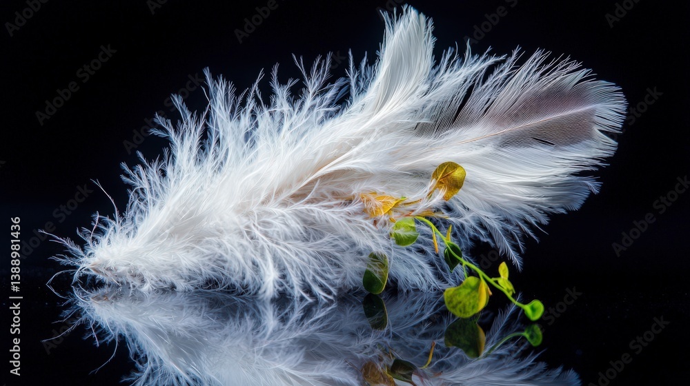 Poster delicate white feather with green leaves nature scene macro photography studio setting close-up view