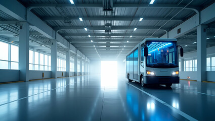 Fototapeta premium Modern Minimalist Wallpaper: Expansive Space Showcasing Advanced AGV Solutions with Digital Navigation in Contemporary Industrial Logistics