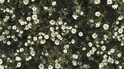 Photorealistic top-down view of a field full of white daisies, Generative AI