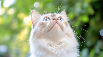 A fluffy Ragdoll cat with striking blue eyes gazes upward. The cats creamy fur is highlighted by soft, natural light. A blurred green background suggests an outdoor setting. The image is high-quality