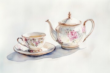 A watercolor painting depicts teaware with floral designs and light