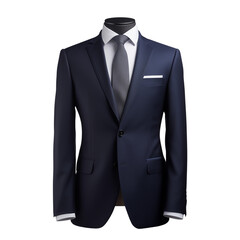 A navy blue suit with a white shirt and gray tie displayed on a mannequin against a on transparent background