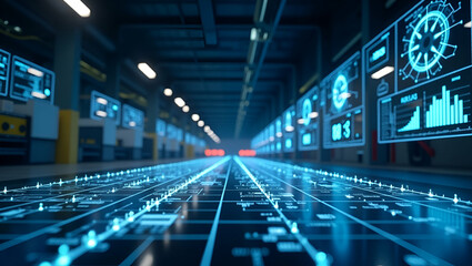Obraz premium Wallpaper artwork showcasing AI powered industrial processes with vast empty space and sleek digital visuals depicting data driven manufacturing automation and advanced industrial robotics integration