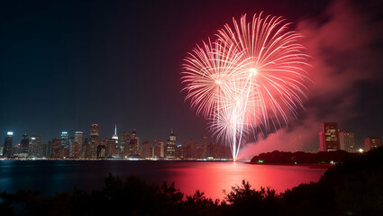 Naklejka premium Spectacular July 4th fireworks show captivates urban audiences with a breathtaking array of explosive displays and synchronized light bursts that epitomize patriotic fervor in Photo Stock Concept a