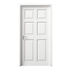 A white paneled door with a silver handle set against a dark background in a studio shot on transparent background