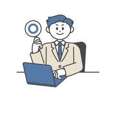 ノートパソコンを開いてマル印を立てる男性