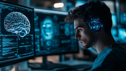 A cybernetic designer creating brain machine interfaces for neurological rehabilitation, lab with brainwave monitoring systems, neural interfaces