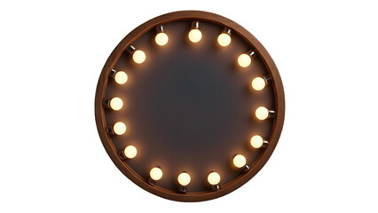 A circular frame with glowing bulbs, adding a showbiz or retro signboard vibe.