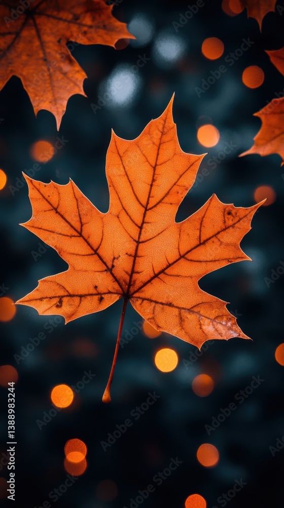 Aufkleber captivating orange maple leaf with intricate veins against a blurred bokeh background creating a war