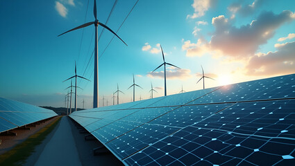 High efficiency sustainable energy plant utilizing advanced renewable power systems and integrated digital analytics for optimized clean power generation and distribution in  Photo Stock  Concept  and