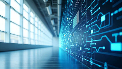Fototapeta premium Minimalist wallpaper design with expansive empty space and elegant geometric forms that symbolize AI powered automation by fusing advanced artificial intelligence with futuristic digital patterns to e