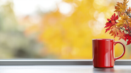 vibrant red cup sits beside colorful autumn leaves, creating cozy atmosphere